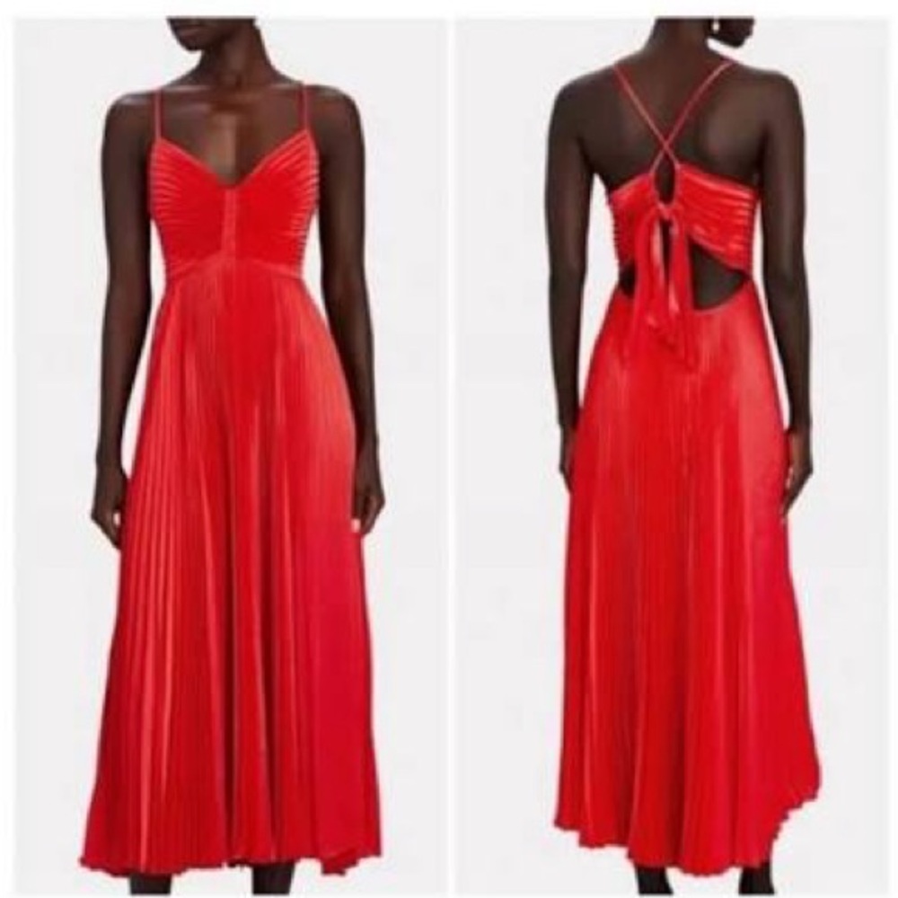 A.L.C. Red Pleated Maxi Dress with Open Back Tie